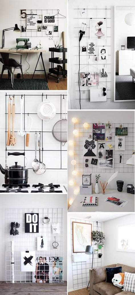 metal grid Grid Wall Ideas, Wall Grid Ideas, Grid Wall Decor, Metal Wall Grid, Pin Board Ideas, Grid Ideas, Grid Wall, Metal Grid, Photo Grid