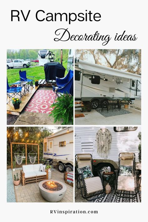 Decorating ideas for your RV patio or campsite that will inspire you to create a relaxing outdoor living space at your RV park, campground, or boondocking spot. | RVinspiration.com | #RVpatioideas #RVpatiodecoratingideas #campsitedecoratingideas #RVcampsitedecoratingideas Trailer Decor Outside, Rv Site Decorating Ideas, Seasonal Campsite Decorating Ideas, Outdoor Rv Decorating, Rv Airbnb Ideas, Camper Set Up Ideas Campsite, Rv Patio Decorating Ideas, Camp Set Up Ideas Campsite, Outdoor Rv Patio Ideas