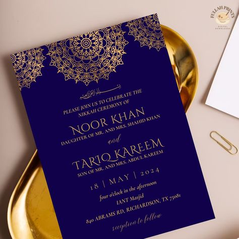 5x7 in. navy and gold islamic wedding invitation template, editable islamic invitation template, traditional islamic invitation card, digital template, editable template, shaadi invitation, shaadi evite, blue and gold shaadi invitation, traditional shaadi invitation, islamic wedding evite, baraat invite, indian wedding invite, pakistani wedding invite Islamic Invitation Card, Nikkah Invite, Islamic Invitation, Wedding Evite, Wedding Evites, Gold Mandala, White Wedding Invitations, Wedding Invitation Card Template, Islamic Wedding