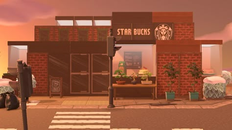 Acnh Starbucks Codes, Acnh Motel Ideas, Starbucks Acnh Code, Starbucks Acnh, Acnh Tailors Shop Exterior, Acnh Laundromat, Animal Crossing Starbucks, Acnh Coffee Shop, Acnh Apparel Shop