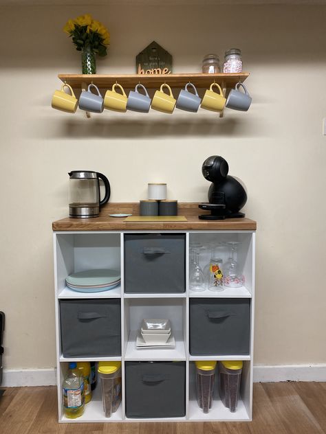 We made a coffee bar out of a cube unit, worktops and a shelf 😍 Unique Coffee Station Ideas, Cube Shelf Coffee Bar, Storage Cube Coffee Bar, Cube Shelf Coffee Station, Cube Storage In Kitchen, Cubicle Coffee Station, Cube Storage Kitchen, Cube Coffee Bar, Cube Shelf Kitchen