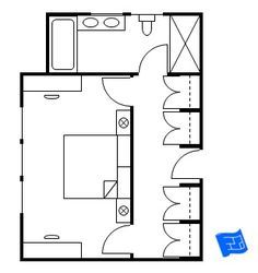 Master bedroom floor plan where the entrance is into a vestibule which doubles as the closet then there's two doors leading to the bedroom (either side of the bed) and a door leading to the bathroom.  Click through for more analysis. Master Suite Layout, Master Suite Floor Plan, Sf House, Master Suite Addition, Bedroom Floor Plan, Bedroom Ensuite, Bedroom Addition, House Addition, Bathroom Floor Plans