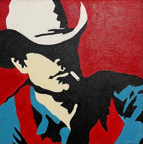 Cowboy western painting Punchy Western Paintings, Cowboy Acrylic Painting, Western Acrylic Painting Ideas, Western Abstract Art, Cowboy Pop Art, Cowboy Hat Painting Canvas, Cowboy Paintings Easy, Cute Western Paintings, Western Acrylic Painting