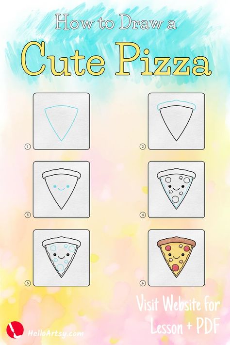 Draw cute pizza for kids! | how to draw a cute pizza in 6 simple steps. | Follow along with each illustration to create a how to draw a cute pizza. Perfect for beginners who desire to learn how to draw! Pizza Doodle Drawings, How To Draw Pizza, Pizza Drawing Easy, Pizza For Kids, Food Drawing Easy, Burger Drawing, Yt Ideas, Pizza Drawing, Draw Food