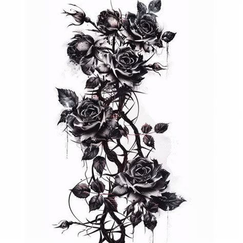 Dark Tattoo Inspiration, Barbwire And Roses Tattoo, Gothic Lion Tattoo, Rose Vine Tattoo Men, Skull Sleeve Tattoo Design, Men Flower Tattoo Arm, Dark Feminine Tattoos Thigh, Gothic Roses Tattoo, Rose And Thorns Tattoo Sleeve