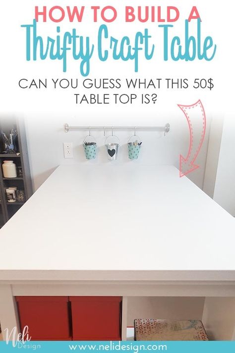 Find out how to build a custom standing large craft table on a budget with this IKEA hack. This thrifty table top is only 50$. This solution is cheap, affordable and easy to build. The best size for your craft room. #craft #build #crafttable #ikeahack Large Craft Table, Diy Craft Table, Diy Crafts Desk, Craft Room Desk, Craft Tables With Storage, Craft Room Tables, Ikea Craft Room, Craft Table Diy, Ikea Crafts