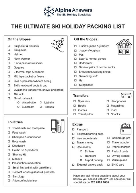 Ultimate list of what you need to pack for a skiing holiday. Provided kindly by Alpine Answers. Super useful Packing List For Skiing, Ski Travel Packing, Packing List For Snow Vacation, Skiing Essentials Packing Lists, What To Pack For Snow Trip, What To Pack For A Ski Trip To Colorado, School Ski Trip Packing List, Snow Packing List, Packing For Skiing Trip