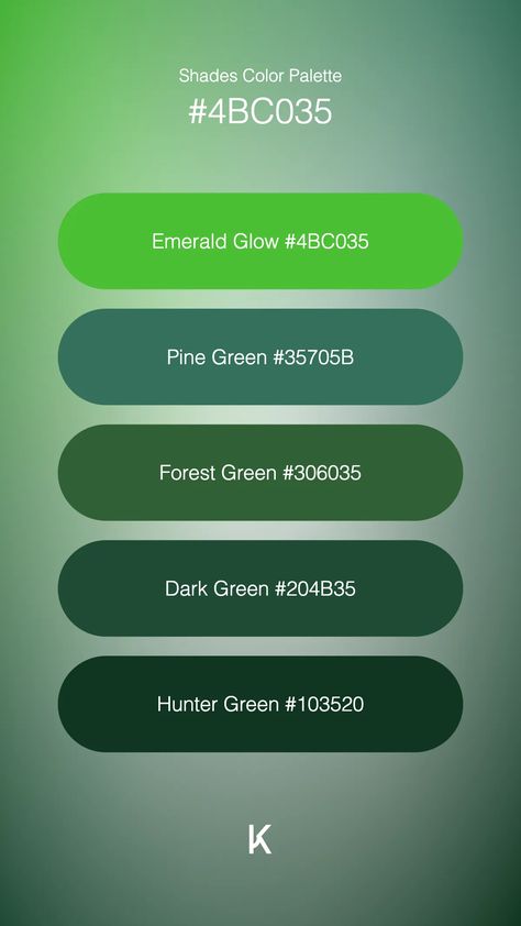 Shades Color Palette Emerald Glow #4BC035 · Pine Green #35705B · Forest Green #306035 · Dark Green #204B35 · Hunter Green #103520 Emerald Color Palette, Serenity Color, Lush Forest, Hex Color Palette, Green Palette, Forest Green Color, Emerald Color, Pine Green, Hex Colors