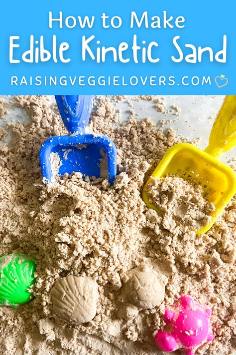 Preschool Edible Crafts, Edible Sand Recipe, Sensory Bin Sand, Sand Art For Preschool, Edible Arts And Crafts, Taste Friendly Sensory, Diy Kinetic Sand Taste Safe, Taste Safe Kinetic Sand Recipe, Edible Kinetic Sand Recipe