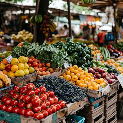 Vibrant Market Stall: Colorful fruits and vegetables artfully arranged on a bustling market stall catch the eye of shoppers. #market #fruits #vegetables #tomatoes #citrus #blueberries #fresh #produce #aiart #aiphoto #stockcake https://ayr.app/l/aA2a Fruit Stall, Market Stall, Nature's Bounty, Market Stalls, Ripe Tomatoes, Colorful Fruit, Sketchbook Ideas, Fruits Vegetables, Fresh Produce