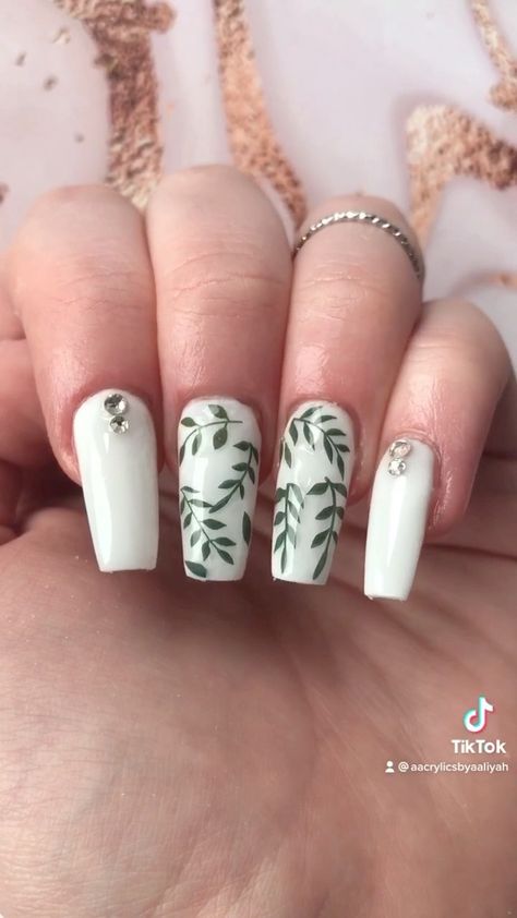 Leafy Acrylic Nails, White Nails With Green Leaves, Greenery Nails, Boujee Tattoos, Leafy Nails, Green Themed Wedding, White French Tip, Square Acrylic Nails, Nails Designs