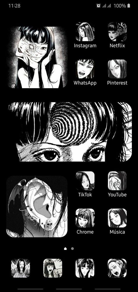 Tomie Junji Ito Hairstyle, Junji Ito App Icons, Alternative Iphone Wallpaper, Junji Ito Purple Aesthetic, Tomie Junji Ito Wallpaper Iphone, Junji Ito Phone Theme, Tomie Widget, Tomie Homescreen, Junji Ito Quotes