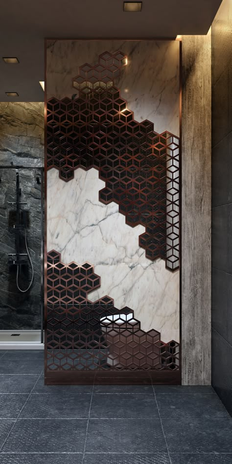 Wire Door Design, Marble Partition Wall, Marble Partition Design, Marble Jali Design, Interior Design Copper, Modern Office Bathroom Design, Wall Ornaments Decor, Room Partition Designs Wall Dividers, Partition In Bathroom