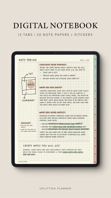 Ace your college classes with this 12-tab digital notebook & Cornell note templates! ✨  #DigitalNotebooks #CollegeNotes #StudyTips #CornellNotes #Organization #Productivity #BackToSchool #CollegeLife #StudentLife S Note Templates, Good Notes Study Guide, Digital Cornell Notes, Cornell Notes Template Goodnotes, Pdf Note Template, Digital Note Ideas, Goodnotes Note Taking, Noteshelf Templates Free, Good Notes Templates Free Note Taking