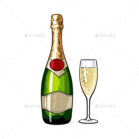 Champagne bottle and glass, sketch style vector illustrations isolated on white background. Closed champagne bottle and glass full Champagne Drawing Bottle, Champagne Bottle Illustration, Champagne Drawing, Champagne Bottle Drawing, Champagne Illustration, Rose Outline Drawing, Bottle Drawing, Drive In, Champagne Bottles