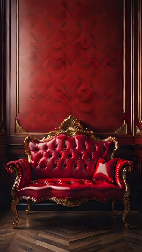 a red couch sitting on top of a wooden floor, red velvet furniture, red background photorealistic, red realistic, red room, lavish rococo baroque setting, luxury furniture, deep red background, decadent throne room, venetian red, lounge background, dark red background, baroque style painting backdrop #VenetianLounge #DeepRedBaroque #RococoThroneRoom #RedVelvetDecadence Red Room Background, Throne Background, Royal Red Background, Lounge Background, Background Dark Red, Red Background Aesthetic, Baroque Background, Studio Background Ideas, Velvet Backdrop