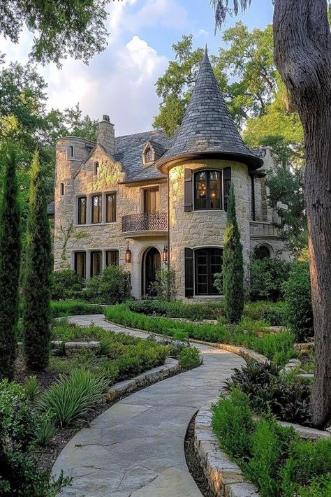 Dream Cottages & Gardens | Majestic Turreted Stone Sanctuary.. | Facebook Turret House Plans, Houses With Towers, Cylinder House, Small Castle House, House With Tower, Cottage Castle, Turret House, Turret Room, Tiny Castle