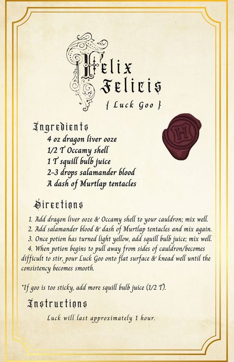 Harry Potter Potions Felix Felicis, Harry Potter Felix Felicis Recipe, All Harry Potter Potions List, Harry Potter Potion Book Pages, Harry Potter Potion Ingredients List, Potion Ingredients Harry Potter, Amortentia Potion Recipe, Potions Book Harry Potter, Hogwarts Potions Recipes