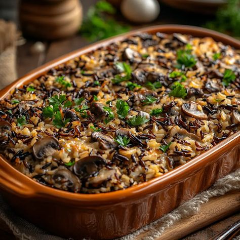 Hearty Wild Rice & Mushroom Casserole - Short Grain Food Truck Wild Rice And Mushroom Recipes, Wild Rice Hot Dish Recipes, Dried Wild Mushroom Recipes, Wild Rice Mushroom Pilaf, Wild Rice Mushroom Casserole, Mushroom Fried Rice Recipes, Mushroom And Rice Casserole, Wild Rice Casserole Recipes, Rice Mushroom Casserole