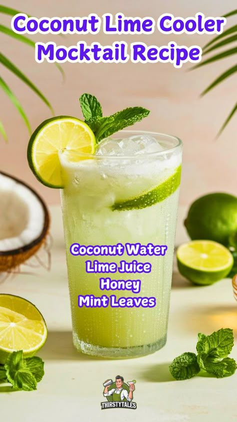 "Discover the ultimate Coconut Lime Cooler Mocktail recipe, a refreshing non-alcoholic tropical drink perfect for summer! This creamy Coconut Lime Mocktail combines the zesty flavors of lime with the smoothness of coconut water, creating a delightful Coconut Lime Fizz. Enjoy this Tropical Lime Drink as a revitalizing Coconut Cooler, ideal for warm days. Perfect for gatherings, this Tropical Mocktail Recipe is a must-try for anyone seeking a delicious and refreshing lime mocktail. Coconut Cooler, Coconut Water Drinks, Tropical Drink Recipes, Lime Drinks, Coconut Drinks, Tropical Drink, Mocktail Recipe, Coconut Recipes, Coconut Lime