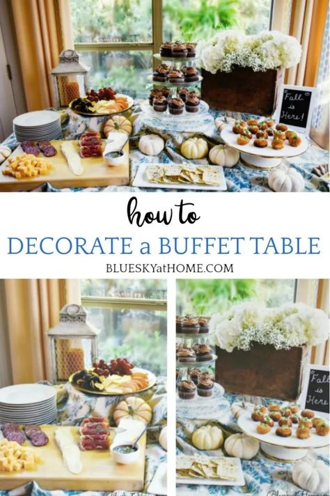 How to Decorate a Buffet Table for a Casual Fall Party - Bluesky at Home Party Table Set Up Buffet, How To Create Height On A Buffet Table, How To Label Food On A Buffet, Brunch Table Setting Buffet Breakfast, Decorate Table For Party, Thanksgiving Dessert Display, Fall Food Table Display, Buffet Table Ideas Decor Party Planning, How To Set Up A Buffet Table