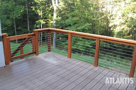 Cable Railing Deck Gate, Wood Deck With Cable Railing, Cable Fence, Deck Cable Railing, Cable Deck Railing, Deck Railing Diy, Deck Gate, Outdoor Deck Decorating, Metal Deck Railing