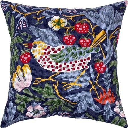 Amazon.com: Brvsk Needlepoint Kit for Adults and Beginners — Strawberry Thief by William Morris 16″ × 16″ with Clear, Precise Printed Design on Cotton Canvas; Includes 2 Needles, Yarn, and Easy-Read Chart Diy Tapestry, Needlepoint Pillow Kits, Tent Stitch, Needlepoint Pillow, Tapestry Cushion, Cross Stitch Pillow, Chart Pattern, Tapestry Kits, Strawberry Thief