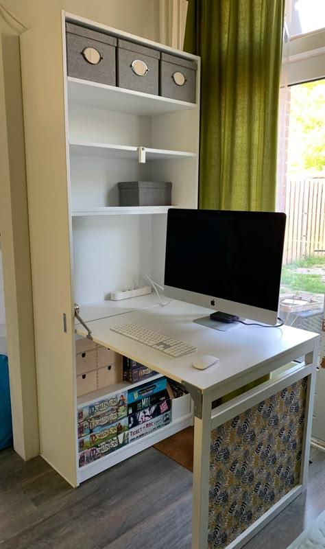 Ivar Folding Table, Hidden Desk In Living Room, Ikea Folding Desk, Hidden Desk Ideas, Ikea Folding Table, Fold Up Desk, Ikea Bookshelf, Desk Ikea, Murphy Desk