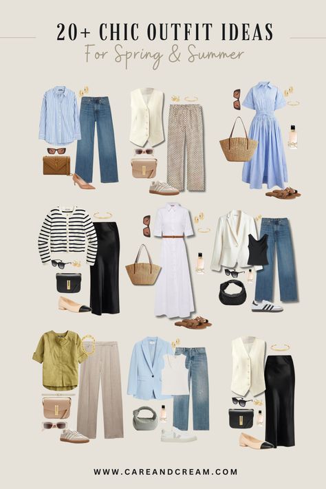 Looking for cute outfits for summer and spring? Check out these 20+ casual chic spring and summer outfit ideas to inspire your wardrobe. Plus: summer outfits, summer outfit inspo, summer looks, spring outfits, cute summer/spring outfits. Elegant Summer Outfits Plus Size, Spring Outfits Australia, Minimal Casual Style, Summer Looks 2024 Women, Spring Outfit Ideas 2024, Spring Looks 2024, Classy Casual Outfits Summer, Cool Spring Day Outfit, Summer Outfit Capsule