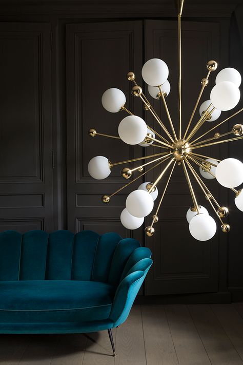 le canapé !!!                                                                                                                                                                                 Plus Blitz Design, Teal Sofa, Mid Century Chandelier, Lustre Design, Mid Century Lighting, Suspension Design, Furniture Showroom, Beautiful Lighting, Luxury Lighting