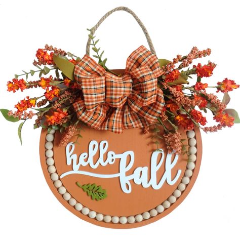 PRICES MAY VARY. 【Unique Design】The handmade welcome sign, high-quality artificial flowers colourful grain, wheat, and Buffalo Bow are matched with orange wood panels. The realistic wreath is vivid and vibrant! 【Reliable Material】 This Fall Hello sign wreath front door decor is made of wood material, which is reliable and sturdy enough for you to use for a long time, not easy to deform or break. The patterns printed on its surface is clear and bright, which will not fade easily, bringing you a n Fall Door Signs, Thanksgiving Door Sign, Round Door Hangers, Front Door Porch Decor, Tag Signs, Porch Leaners, Flowers Colourful, Door Tag, Sign For Front Door