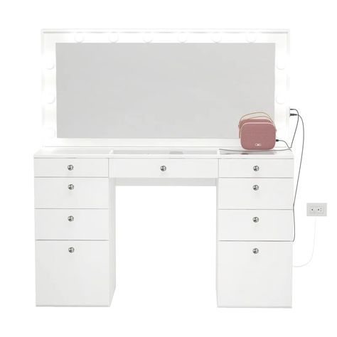 Hokku Designs Fauniel Vanity & Reviews | Wayfair White Desk With Drawers, Hollywood Mirror With Lights, Glass Top Vanity, White Dressing Table, Makeup Vanity Mirror With Lights, Makeup Vanity Lighting, Makeup Vanity Desk, White Dressing Tables, Hollywood Vanity Mirror