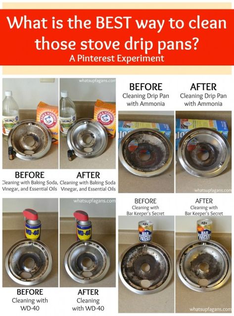 A pinterest experiment - What really is the BEST way to clean stove drip pans? What methods work better than others? Come find out! | whatsupfagans.com Clean Drip Pans, Stove Drip Pans, Best Glass Cleaner, Clean Stove Burners, Clean Stove Top, Homemade Toilet Cleaner, Clean Stove, Clean Baking Pans, Stove Cleaning