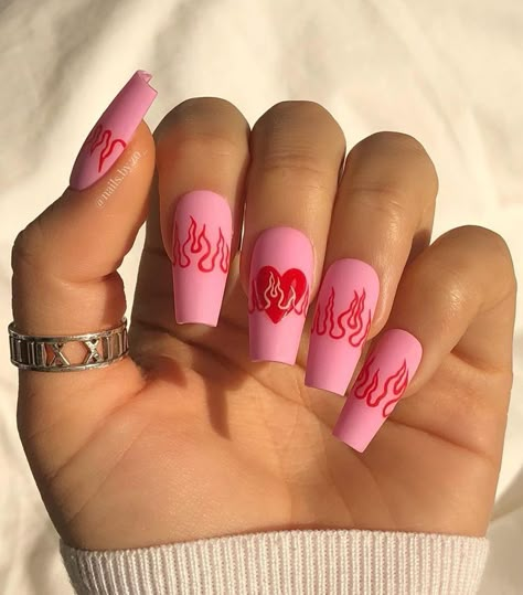 Flame Heart, Valentines Nail, Edgy Nails, Grunge Nails, Long Acrylic Nails Coffin, Acrylic Nails Coffin Short, Short Acrylic Nails Designs, Hot Nails, Coffin Nails Designs