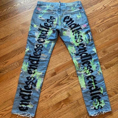 Alrighty So Just Imagine You Defeated All Of The Vlone Demons On Your Way To The Fountain Of Eternal Clout And Then Boom. Bari Is Standing In Front Of You With These Exact Pair Of Denim Wyd Next? This Was The First And Only Released Pair Of The Black On Blue Denim! I Have Original Receipts For Them From Goodtimes Atl As Soon As Bari Dropped Them Off To Anthony *The Owner* And Can Answer Any And Every Question You Could Have About Them So Please Don’t Hesitate If You’re Interested Or Curious! Blue Denim, Blue Black, Mens Jeans, Denim Jeans, The Originals, Blue, Black, Color