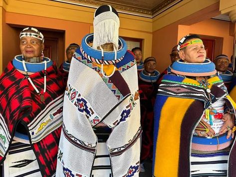 Attire for a Ndebele queen. Beads covering the eyes serve as a vail #komkhulu Ndebele Bride, Ndebele Print Outfits, Ndebele Traditional Attire, Rich Wife, Jamaica Outfits, Queen Wedding, South African Traditional Dresses, African Inspired Jewelry, Africa Print