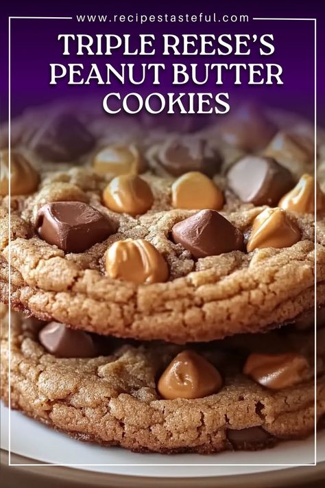 These Triple Reese’s Peanut Butter Cookies are the ultimate treat for peanut butter lovers! Packed with Reese’s Pieces, chopped Reese’s Peanut Butter Cups, and peanut butter chips, each bite delivers a burst of creamy, chocolatey, peanut butter goodness. Perfectly soft and chewy, these cookies are great for dessert, gifting, or simply indulging. Chocolate Chip Peanut Butter Cookies Soft, Triple Reeses Peanut Butter Cookies, Reeses Chips Cookies, Reese’s Chips Cookies, Reese Chips Recipes, Triple Peanut Butter Cookies, Reeses Chip Cookies, Triple Reese’s Peanut Butter Cookies, Reese Dessert Recipes Easy