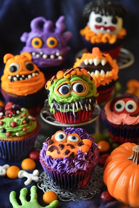 Colorful Monster Cupcakes for a Spooky Halloween Treat Hallow Treats, October Treats, Clown Cupcakes, Halloween Ice Cream, Soda Floats, Clay Halloween, Spooky Halloween Treats, Halloween Treat Boxes, Polymer Clay Halloween