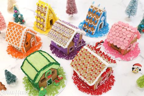 Gingerbread House Village Ideas, Colorful Gingerbread House, Detailed Gingerbread Houses, Gingerbread House Rainbow, Gingerbread Icing, Fairy Tale Gingerbread House, Ghram Cracker Gingerbread Houses, Rainbow Pin, Gingerbread Village