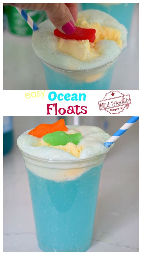 Delicious and easy to make Ice Cream Floats for kids. Ocean Ice Cream Floats are the perfect fun summer drink to cool off with. www.kidfriendlythingstodo.com #icecream #floats #ocean #shark #fish #summer #drink #easy #kids Summer Themed Snacks For Kids, Cute Summer Food Ideas, Preschool Food Activities Easy Recipes, Shark Week Snack Ideas, Last Day Of School Snacks For Kids, Water Theme Snacks, Fun Summer Snacks For Kids To Make, Beach Desserts For Kids, Beach Theme Snacks For Preschool