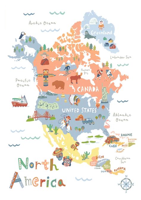 Map- North America | Maps America Map Art, Free Printable World Map, World Map With Countries, Art Prints For Kids, Maps Aesthetic, South America Map, Kids World Map, Asia Map, North America Map