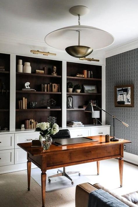 22 Dark and Moody Office Decor Ideas » Lady Decluttered Dark And Moody Office, Men’s Home Office, Moody Office, Masculine Office, Lady Decluttered, Organized Office, Den Decor, Office Den, Library Office