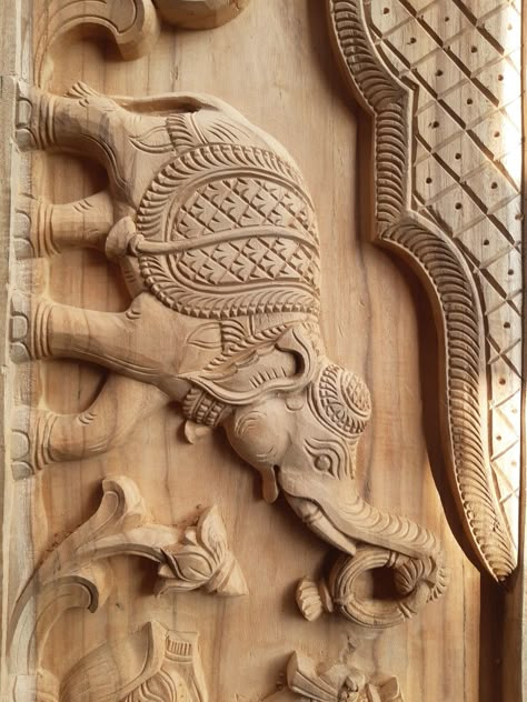 Gajalakshmi Wood Carving, Elephant Wood Carving, Main Door Design Photos, Pooja Door Design, Door Design Photos, Single Door Design, Wood Carving Furniture, Front Door Design Wood, Elephant Carving