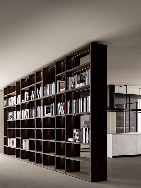 Wall Shelving Systems, Contemporary Bookcase, Walnut Shelves, Open Bookshelves, Library Shelves, Freestanding Storage, Modular Structure, Library Wall, Bookcase Design