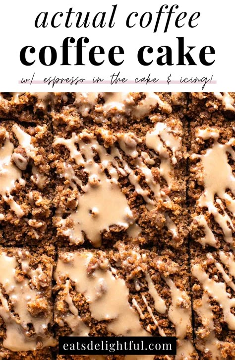 actual coffee coffee cake overhead image of iced and sliced cake Creamy Jammy Coffee Cakes, Coffee Cake With Espresso, Baking Recipes With Coffee, Coffee Soaked Cake, Espresso Coffee Cake Recipes, Coffee Cake With Coffee In It, Coffee Crisp Cake, Tiramisu Coffee Cake, Coffee Flavored Coffee Cake