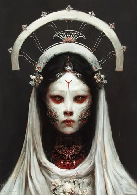 White-faced woman with dark red eyes and gem-encrusted cheeks, wearing a white draped hood and a silver crown with two arcs above her head Halloween Color By Number, Colouring Printables, Pumpkin Colors, Gothic Beauty, 판타지 아트, Halloween Coloring, Horror Art, Dark Fantasy Art, Halloween Pumpkin