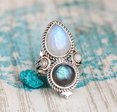 Colored Stone Rings, Moonstone Ring Sterling Silver, Blue Stone Ring, Moonstone Crystal, Celestial Jewelry, Labradorite Ring, Men's Jewelry Rings, Blue Rings, Crystal Rings