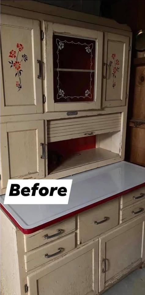 Hoosier Cabinet Makeover, Vintage Kitchen Cabinets 1950s, Kitchen Hutch Makeover, Hoosier Cabinet Ideas, Farmhouse Hutch Makeover, 1950s Kitchen Cabinets, Bakers Cabinet, Antique Hoosier Cabinet, Antique Kitchen Cabinets