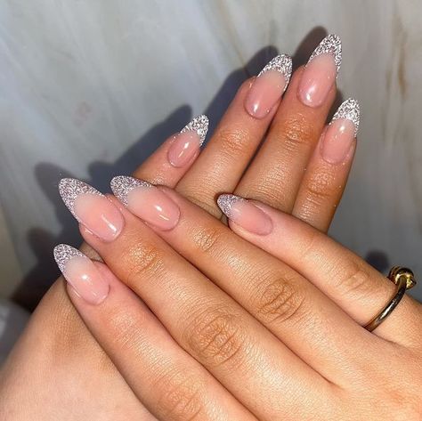 Ella May Dandridge on Instagram: "Reflective glitter will never get old 😍 DM to book x #nails #nailart #nailinspo #acrylicnails #reflectivenails #glitternails #almondnails #glitterfrench #nailsessex #essexnails #essexnailtech" Reflecting Glitter Nails, Glittery French Nails, Glitter Almond Nails, Reflective Glitter Nails, Reflective Nails, X Nails, Short Square Acrylic Nails, Almond Nail, Gel Tips