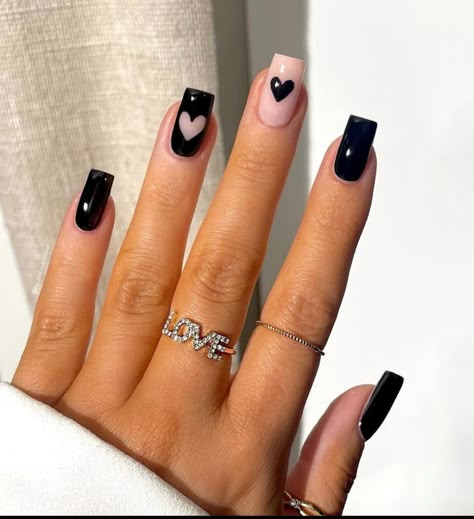 Black Nails With Heart, Black Nails Heart, Tropical Vacation Nails, Pride Nails Designs, Short Nails Gel, Cute Nails Short, Nails Designs Short, Square French, Pride Nails